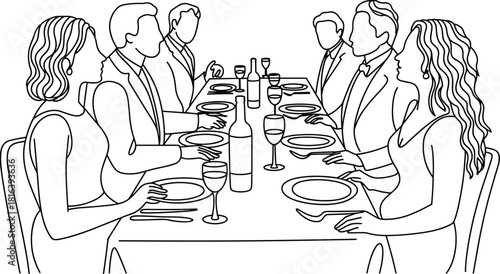 Formal dinner gathering line art illustration of people sitting at table, elegant dining event, social meal, restaurant scene, group celebration