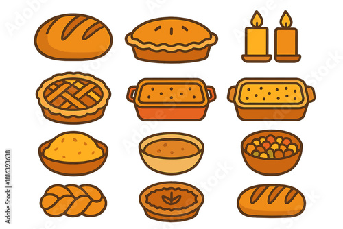 Traditional Thanksgiving and holiday dinner food collection featuring pies, bread, casseroles, and candles
