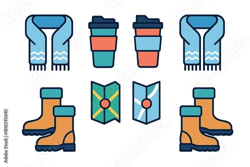 Cozy winter accessories and outdoor travel gear set including scarves, insulated cups, boots, and maps