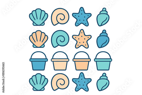 Seamless repeating background pattern with sea shells starfish and sand buckets