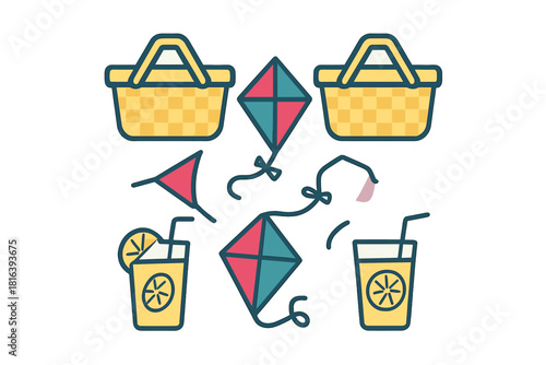 Colorful collection of summer picnic essentials and outdoor recreation objects like woven baskets and flying kites