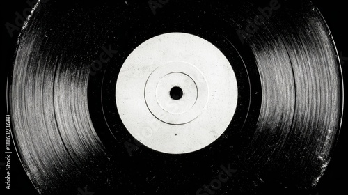 A detailed close up shot of a black vinyl record with a white center label and visible grooves, capturing its texture and form.