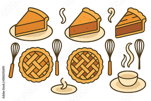 Baked sweet dessert pies and slices with kitchen whisks and steam elements