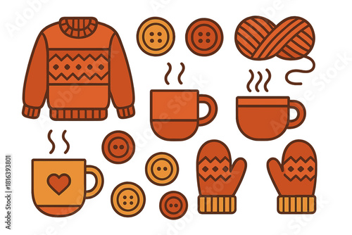 Cozy winter essentials set including sweater, knitted mittens, mugs, and yarn