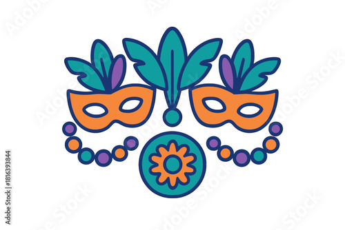 Festive Mardi Gras carnival masks adorned with feathers, beads, and decorative medallion