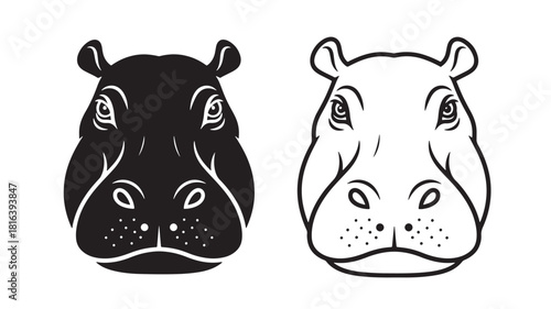 a captivating illustration of two hippopotamus heads one solid black and one with white fill presented in a unique style on transparent