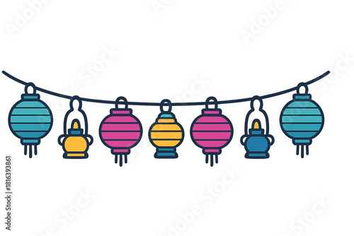 Brightly colored traditional Asian lanterns hanging on a string for holiday celebration