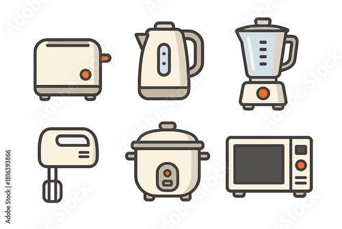 Modern kitchen appliances set including toaster kettle blender and mixer icons