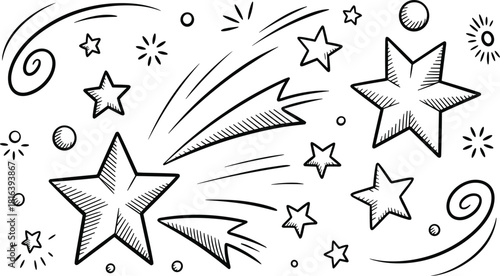 Hand drawn shooting stars, whimsical celestial doodle illustration, playful star sketch artwork, magical night sky elements, decorative cosmic design accents