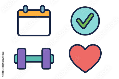 Health and fitness icons set featuring calendar checkmark dumbbell and heart symbols