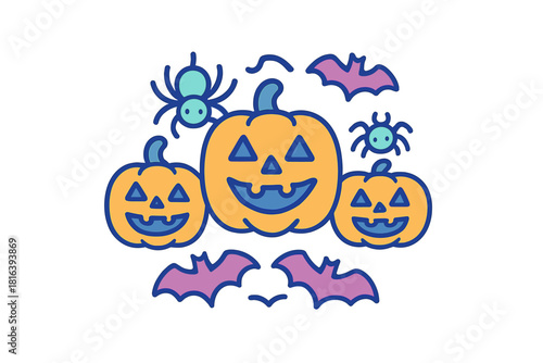 Group of smiling jack-o'-lanterns with spooky bats and spiders for Halloween celebration
