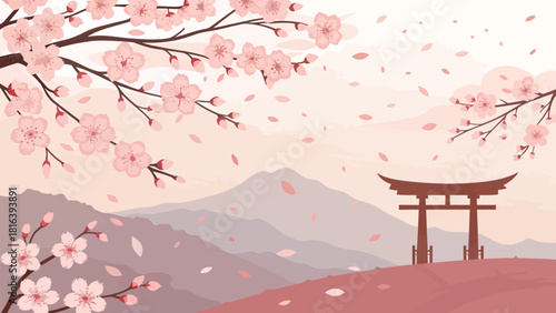 Sakura blossoms frame a traditional torii gate overlooking distant mountains, creating a tranquil Asian vista