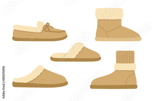 Set of warm winter footwear styles including boots, slippers, and moccasins with cozy fur lining