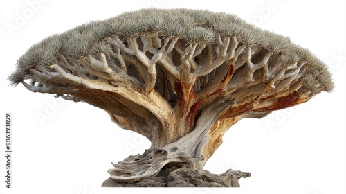 A unique, umbrella-shaped dragon blood tree with dense, spiky foliage and twisting branches on a white background.