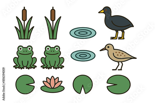 Stylized pond life set with frogs, aquatic birds, cattails, and water lilies