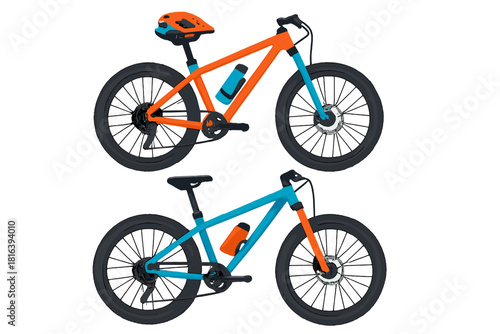 Brightly colored mountain bicycles equipped with water bottles and a safety helmet