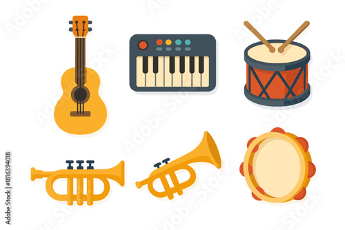 Collection of six musical instruments including acoustic guitar electronic keyboard drum and trumpet