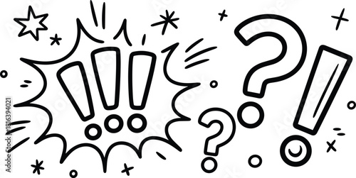 Hand-drawn punctuation illustration, doodle exclamation and question marks with cartoon stars and bursts, expressive black and white vector art