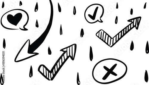Hand-drawn doodle arrows, sketch check marks and cross symbols, heart speech bubble illustration, black and white abstract marker elements