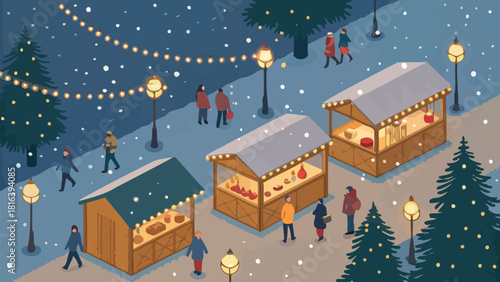 Festive holiday market in winter scene with people shopping and lights twinkling in the snow filled air