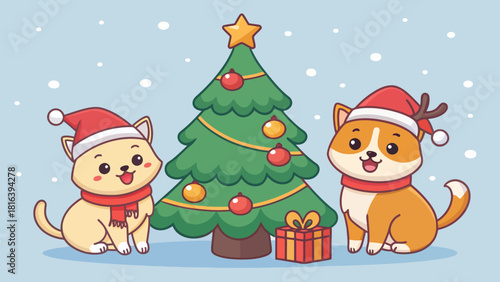 Festive Christmas cheer with adorable cartoon dogs celebrating holiday season near decorated tree and gift
