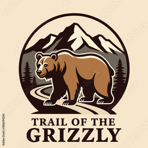 Vintage logo badge of big grizzly bear trail mountain pine tree forest. Old retro editable vector illustration for tshirt design