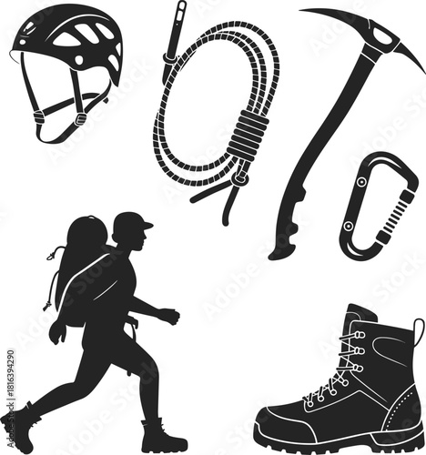 Hiking and mountaineering gear illustration set, backpacker silhouette with helmet, rope, ice axe, carabiner and boots, outdoor adventure vector