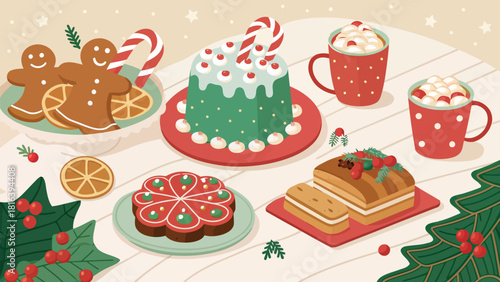 Festive Christmas sweets and treats, gingerbread men, cake, puddings and hot cocoa for a winter holiday
