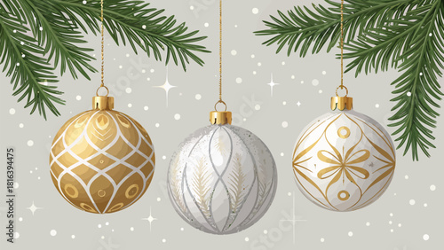Elegant Christmas ornaments hanging from pine branches add festive cheer to holiday designs and creative seasonal projects
