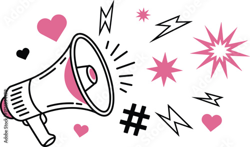 Megaphone illustration, social media announcement design with hearts, stars and lightning icons, bold communication graphic, modern pink vector art