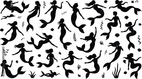 Mermaids, silhouettes, underwater, fantasy, ocean, mystical, swimming, sea, illustration, collection, feminine, aquatic, graceful, magical, siren, marine, design, movement, art, creatures