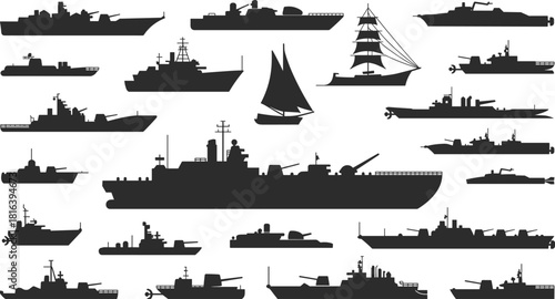 Naval warship silhouette set featuring battleships, destroyers, submarines, sailboats, military vessels, maritime fleet illustrations for defense and marine design