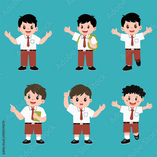 Set of boys student wearing Indonesian school uniform. Indonesia elementary student.