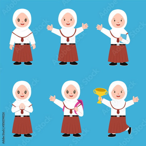 Set of indonesian elementary school student cute hijab girl character