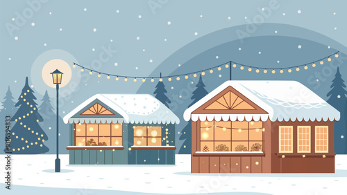 Charming winter market scene with cozy snow covered stalls and twinkling lights creating a festive atmosphere