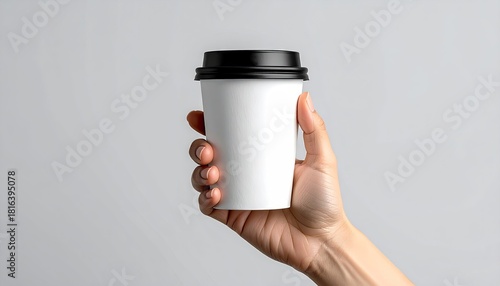 Hand holding a white disposable coffee cup with black lid.