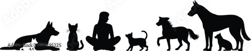 animals, silhouette, dog, cat, horse, person, pet, rodent, sitting, walking, trotting, bonding, care, training, black, illustration, domestic, companion, peaceful, design