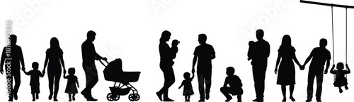 family, silhouette, children, parents, baby, stroller, walking, bonding, interaction, care, growth, development, black, white, motion, activity, support, everyday, parenting, illustration