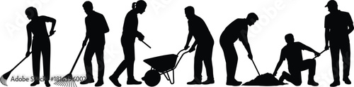 Gardening, teamwork, silhouettes, shovel, rake, wheelbarrow, landscaping, outdoor, labor, workers, soil, planting, maintenance, tools, manual, effort, garden, activity, people, cooperation