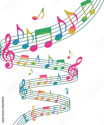 music, notes, clef, staff, swirl, colorful, abstract, vibrant, background, melody, rhythm, harmony, sound, artistic, dynamic, spiral, composition, design, expression, illustration