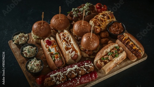 a vibrant and delectable assortment of food, artfully arranged on a wooden board