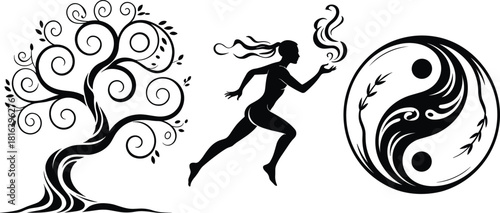 Spiritual nature illustration, swirling tree design, running woman silhouette, mystical energy art, yin yang harmony symbol, decorative black vector