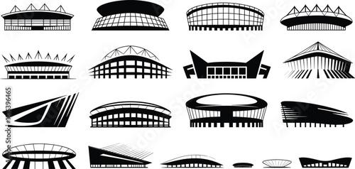 Stadium and arena silhouette icon set featuring modern sports venues, architectural designs, event buildings, arena illustrations, multipurpose facility graphics