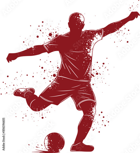 soccer, player, kick, ball, action, silhouette, maroon, splatter, dynamic, energy, motion, sport, athlete, illustration, cleats, jersey, pose, power, monochrome, artistic