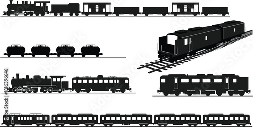 Train and railway silhouette collection featuring locomotives, cargo wagons, tank cars, passenger trains, vintage engines, transportation illustrations for design