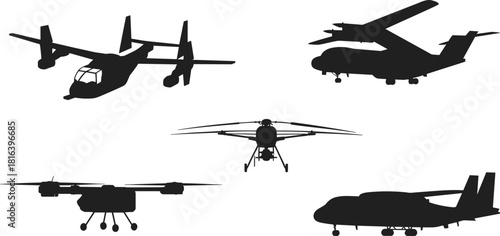 Tilt-rotor aircraft silhouettes, VTOL airplane icons, military transport planes, drone-style rotorcraft, aviation illustration set for aerospace, flight and engineering designs