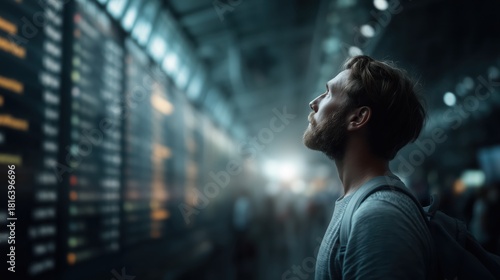 Man gazes at departure board in an airport, contemplating travel and new adventures ahead amidst bustling crowd