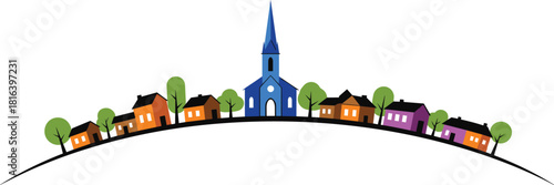 village, church, hill, houses, colorful, architecture, town, steeple, trees, landscape, illustration, curved, whimsical, rural, peaceful, community, nature, design, culture, scenic