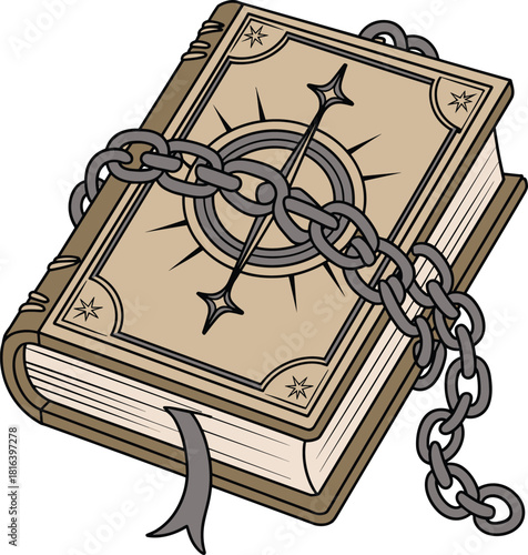 Vintage spellbook illustration, chained magical book design, fantasy enchanted tome artwork, mystical locked grimoire vector, ancient arcane symbol
