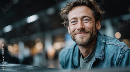 Smiling man enjoying his time at an airport terminal amidst travelers and bright lights